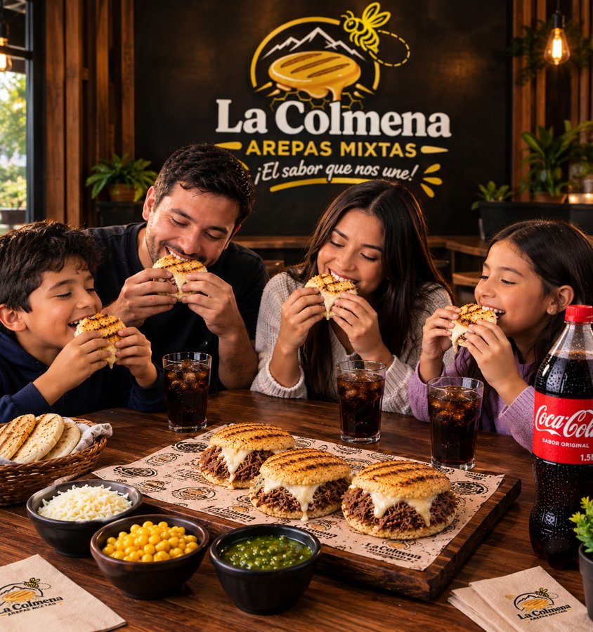 Familia disfrutando arepas mixtas La Colmena