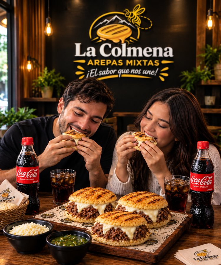 Pareja disfrutando arepas mixtas La Colmena